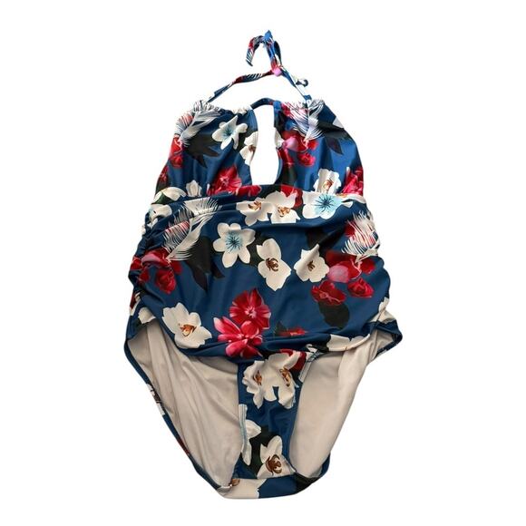 Halter Blue Floral One Piece Swimsuit Tummy Control Size XL - Picture 1 of 4